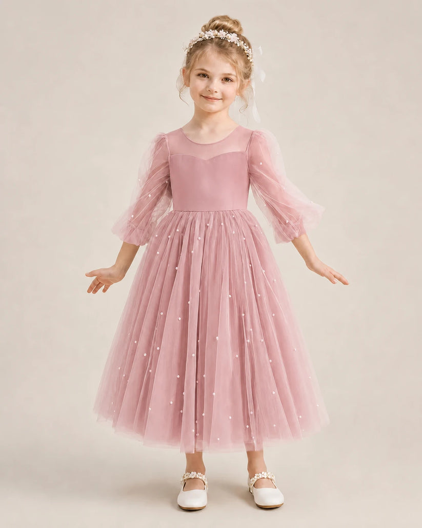 Dusty Rose Satin Tulle A-Line Flower Girl Dress Front View