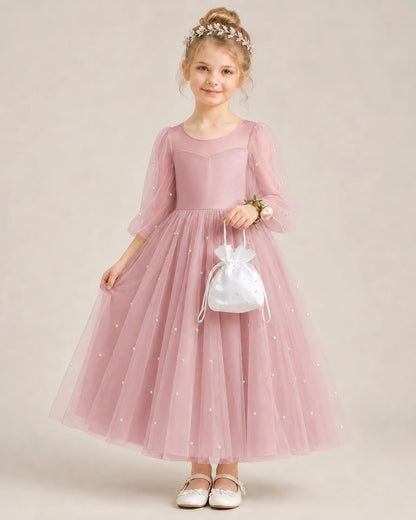 Dideyttawl Puff Sleeve Pearl Satin Tulle Flower Girl Dress