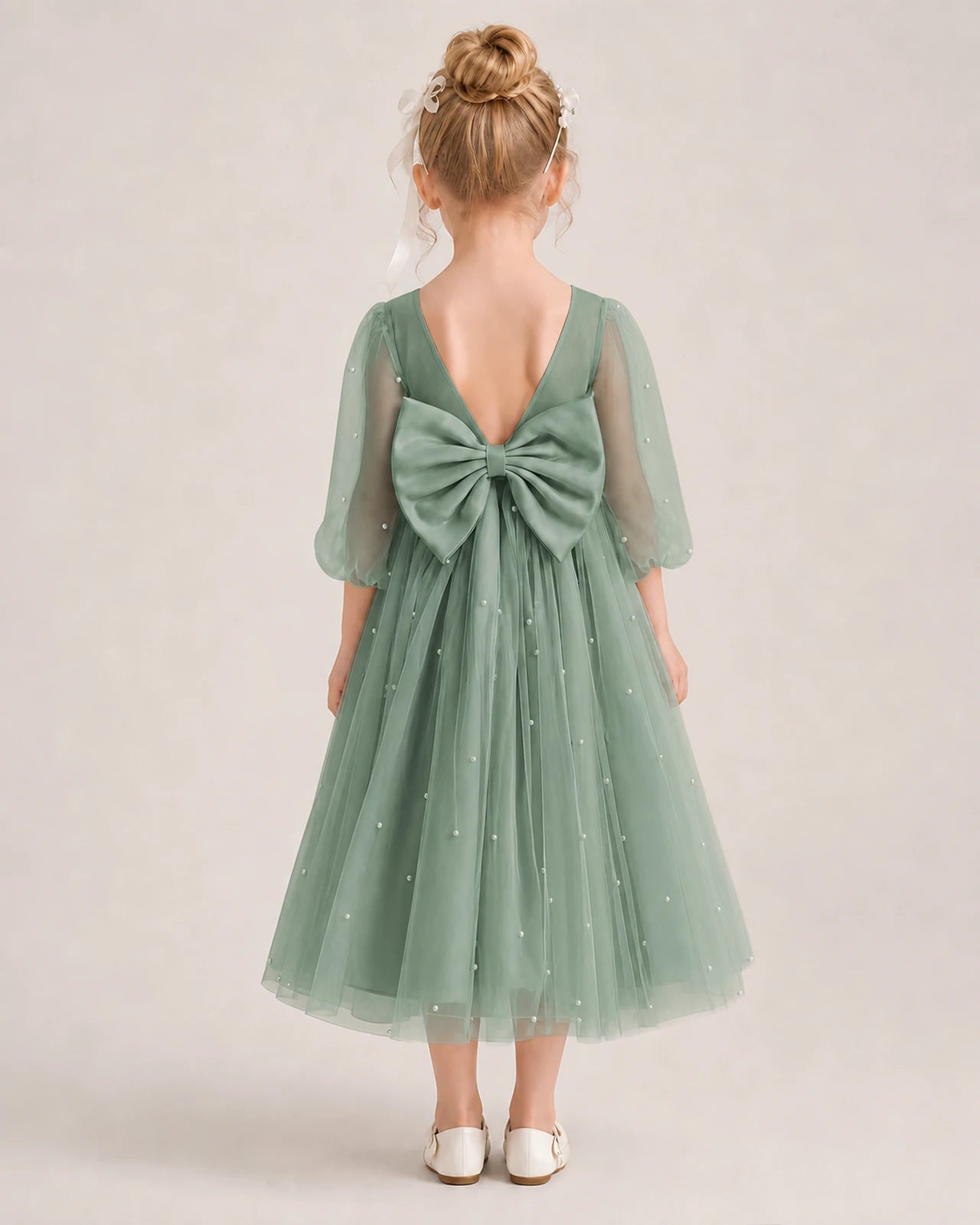 Dideyttawl Puff Sleeve Pearl Satin Tulle Flower Girl Dress
