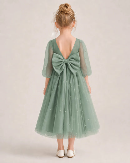 Dideyttawl Puff Sleeve Pearl Satin Tulle Flower Girl Dress
