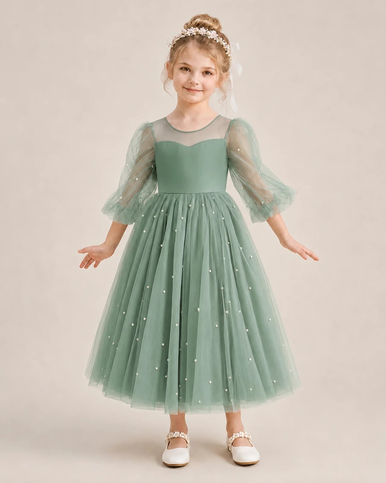 Dideyttawl Puff Sleeve Pearl Satin Tulle Flower Girl Dress