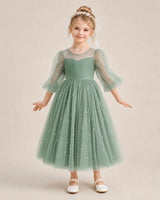 Eucalyptus Satin Tulle A-Line Flower Girl Dresses Front View