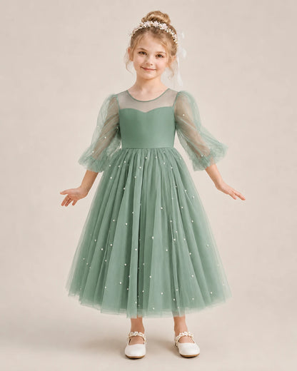 Dideyttawl Puff Sleeve Pearl Satin Tulle Flower Girl Dress