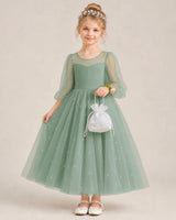 Eucalyptus Satin and Tulle A-Line Flower Girl Dresses Front View