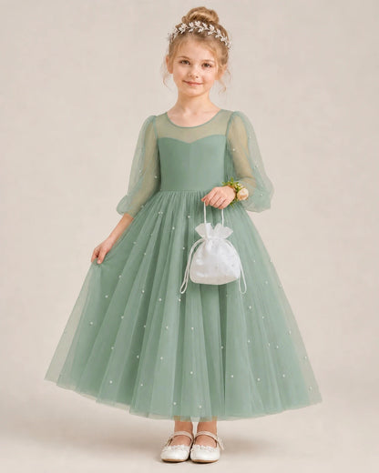 Dideyttawl Puff Sleeve Pearl Satin Tulle Flower Girl Dress
