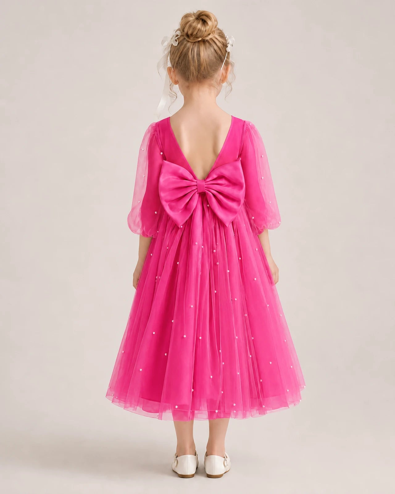 Dideyttawl Puff Sleeve Pearl Satin Tulle Flower Girl Dress