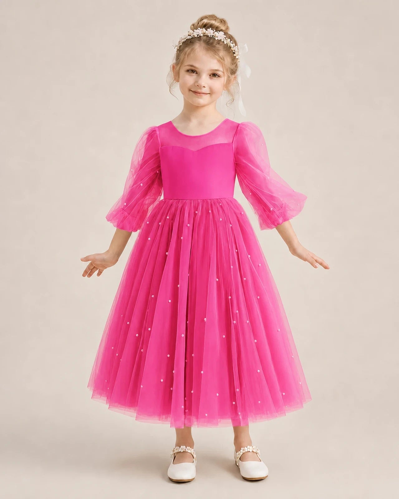 Dideyttawl Puff Sleeve Pearl Satin Tulle Flower Girl Dress