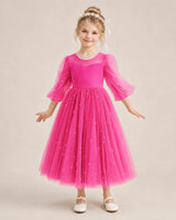 Hot Pink Satin and Tulle Puffed Sleeve A-Line Flower Girl Dress Front View