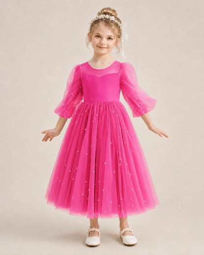 Dideyttawl Puff Sleeve Pearl Satin Tulle Flower Girl Dress