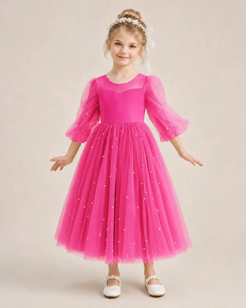 Hot Pink Satin and Tulle Puffed Sleeve A-Line Flower Girl Dress Front View