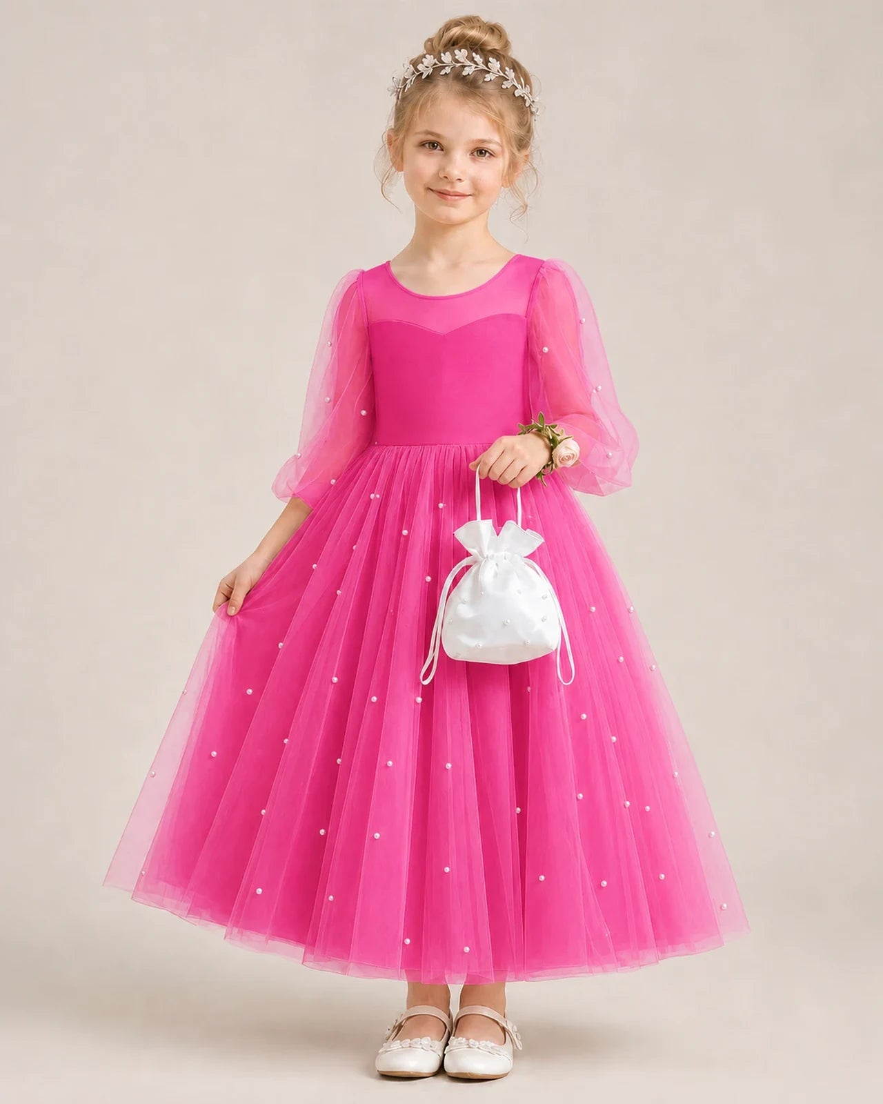 Dideyttawl Puff Sleeve Pearl Satin Tulle Flower Girl Dress
