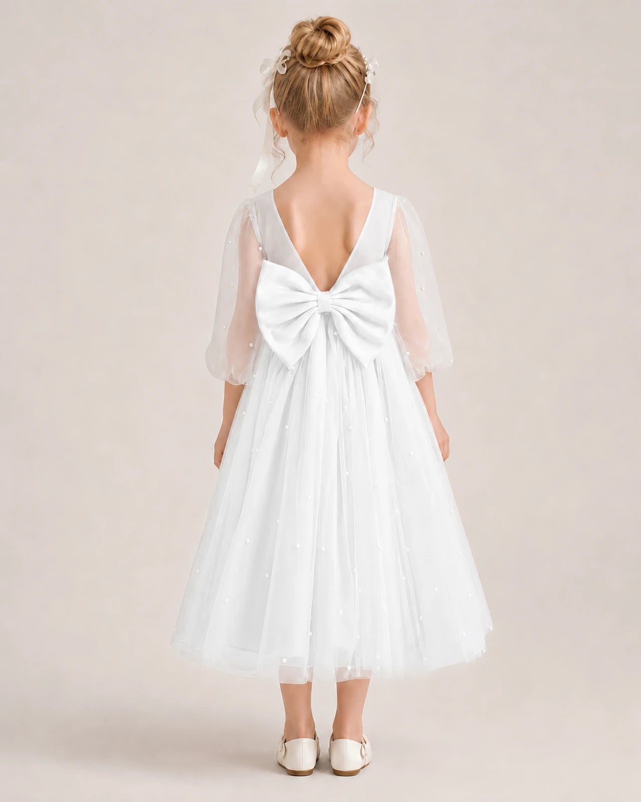 Dideyttawl Puff Sleeve Pearl Satin Tulle Flower Girl Dress