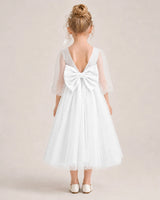 Ivory Satin and Tulle V-Back Bow Flower Girl Dresses Back View
