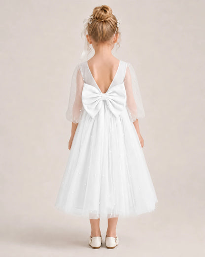 Dideyttawl Puff Sleeve Pearl Satin Tulle Flower Girl Dress