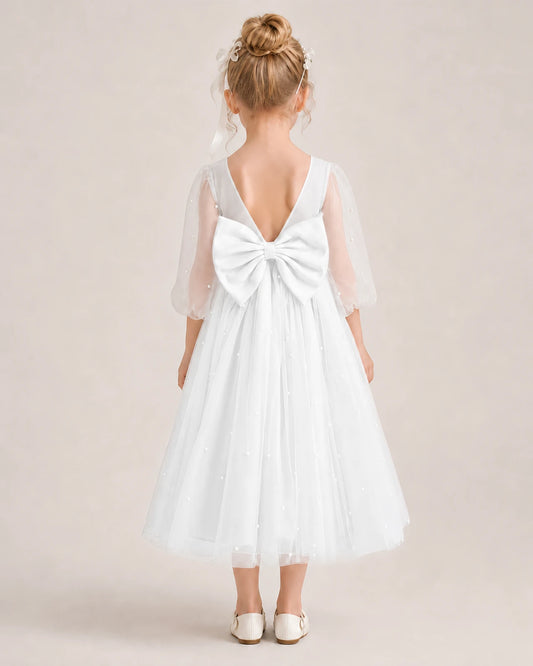 Ivory Satin and Tulle V-Back Bow Flower Girl Dresses Back View