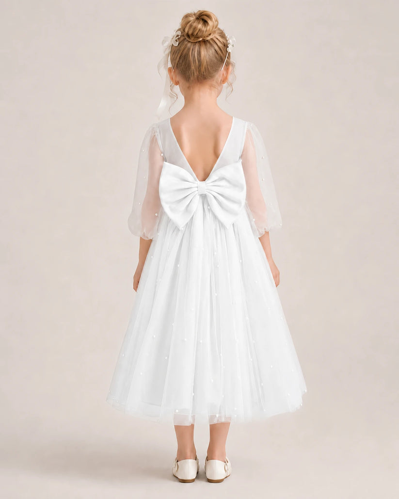 Ivory Satin and Tulle V-Back Bow Flower Girl Dresses Back View