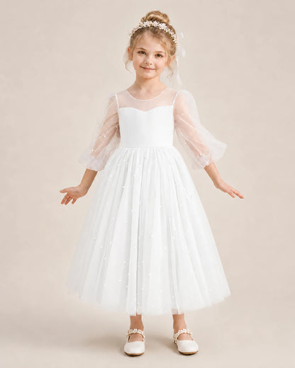 Dideyttawl Puff Sleeve Pearl Satin Tulle Flower Girl Dress