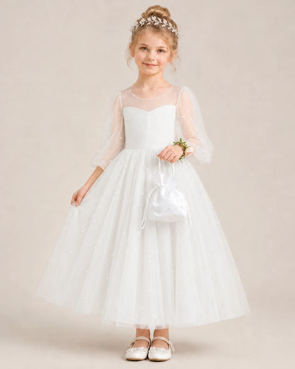 Dideyttawl Puff Sleeve Pearl Satin Tulle Flower Girl Dress