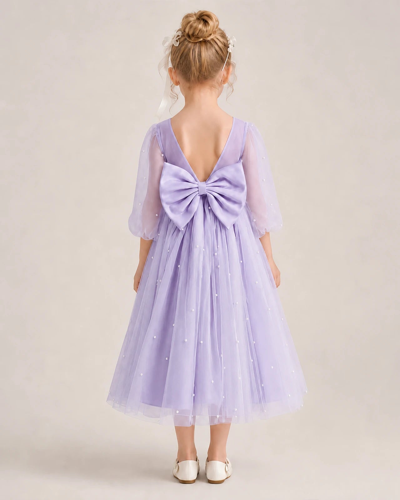 Dideyttawl Puff Sleeve Pearl Satin Tulle Flower Girl Dress