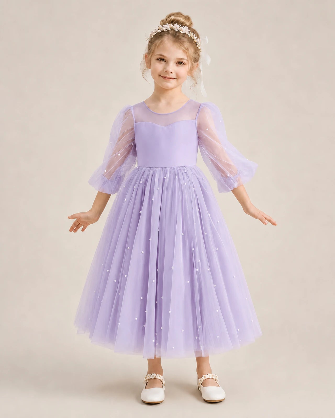 Dideyttawl Puff Sleeve Pearl Satin Tulle Flower Girl Dress