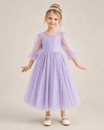 Dideyttawl Puff Sleeve Pearl Satin Tulle Flower Girl Dress