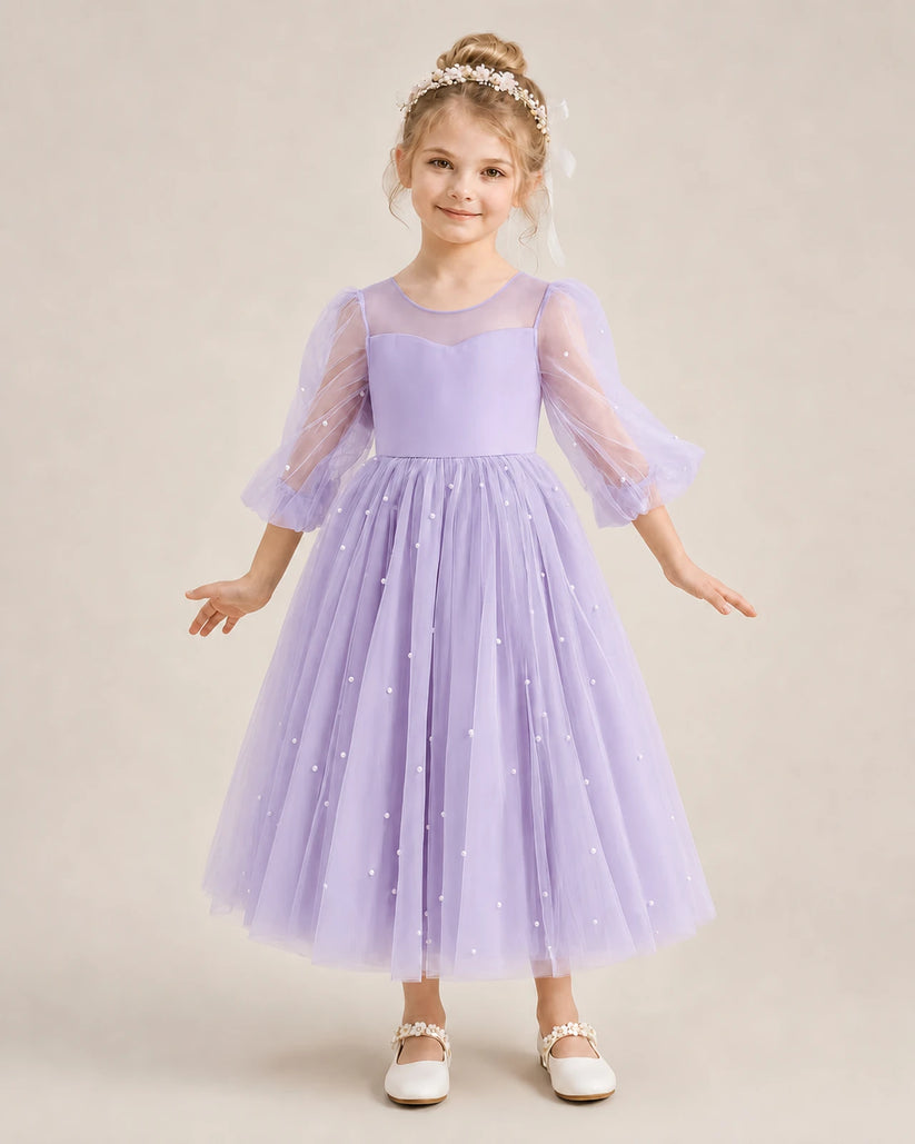 Lavender Satin and Tulle A-Line Flower Girl Dresses Front View