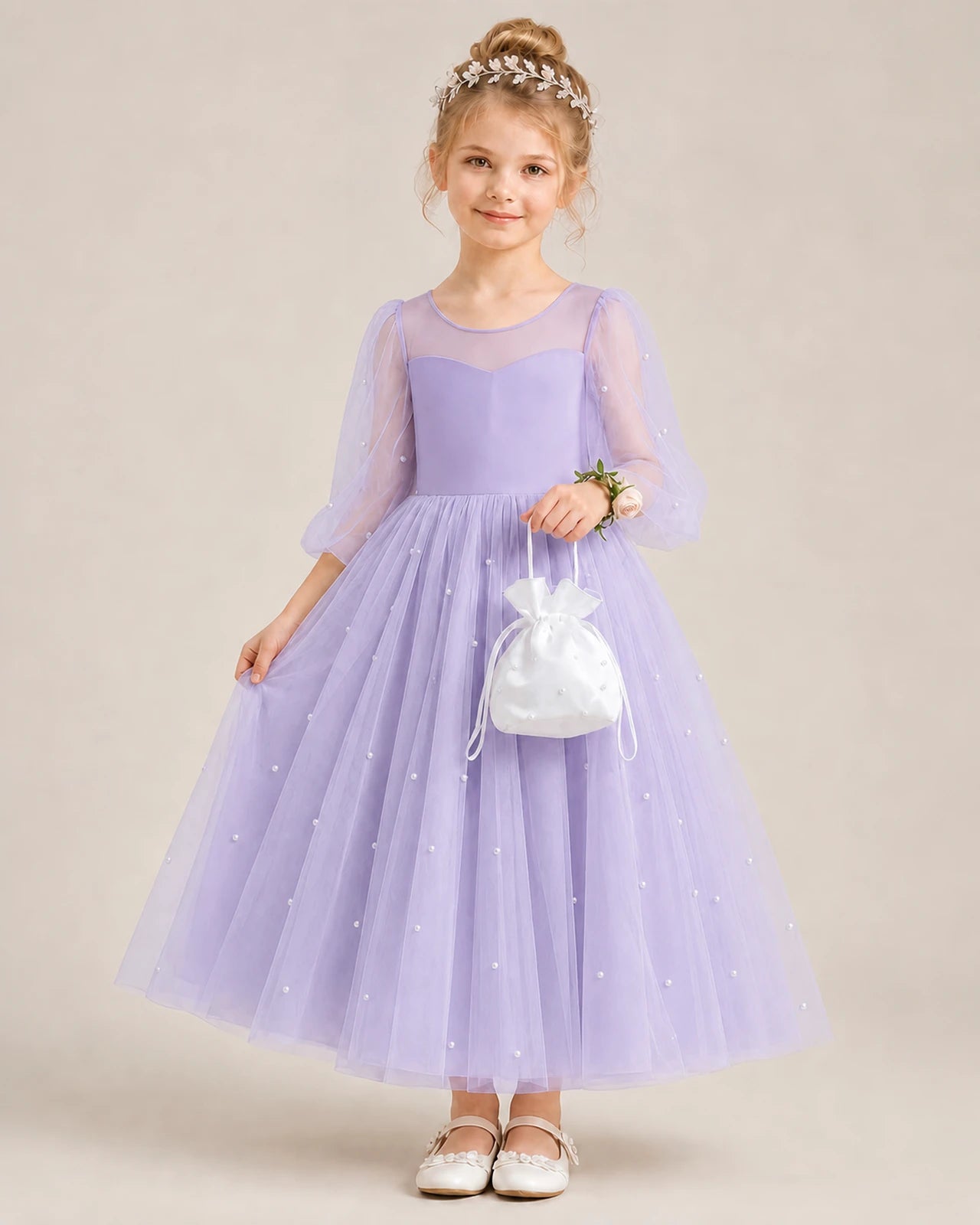 Dideyttawl Puff Sleeve Pearl Satin Tulle Flower Girl Dress