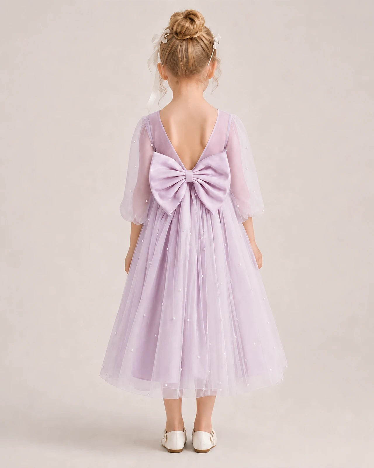 Dideyttawl Puff Sleeve Pearl Satin Tulle Flower Girl Dress