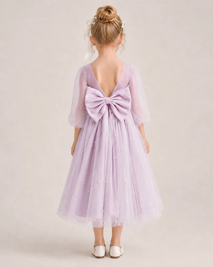Dideyttawl Puff Sleeve Pearl Satin Tulle Flower Girl Dress