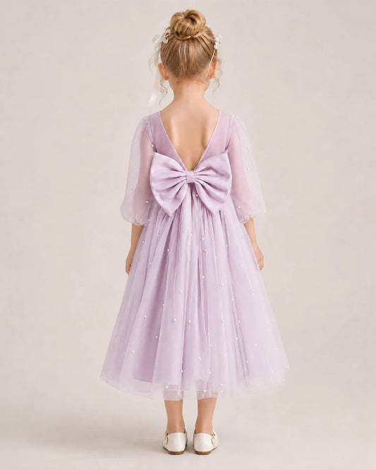 Lilac Satin Tulle V-Back A-Line Flower Girl Dresses Back View