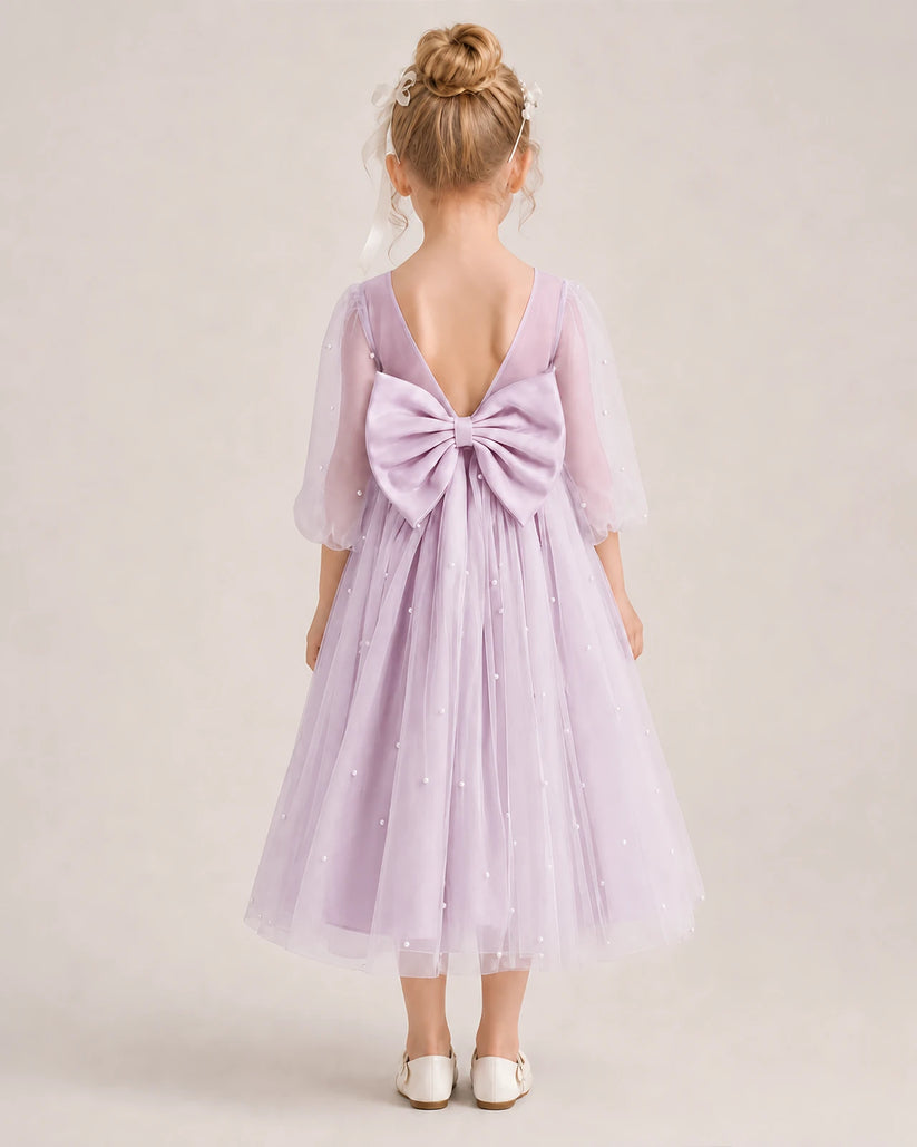 Lilac Satin Tulle V-Back A-Line Flower Girl Dresses Back View