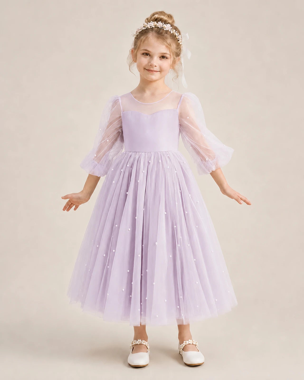 Dideyttawl Puff Sleeve Pearl Satin Tulle Flower Girl Dress