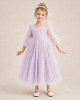 Lilac Satin and Tulle Puff Sleeve Flower Girl Dresses Front View