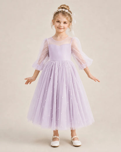 Dideyttawl Puff Sleeve Pearl Satin Tulle Flower Girl Dress
