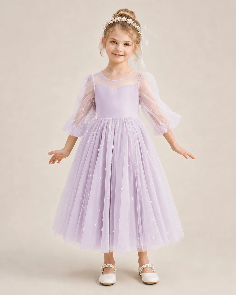 Lilac Satin and Tulle Puff Sleeve Flower Girl Dresses Front View