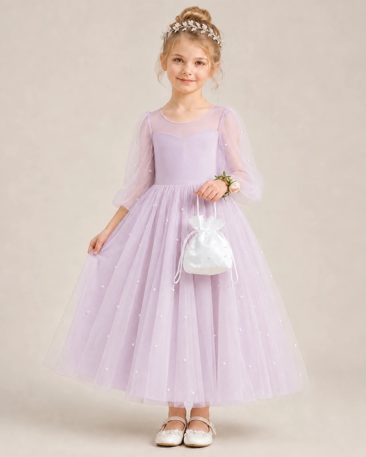 Dideyttawl Puff Sleeve Pearl Satin Tulle Flower Girl Dress