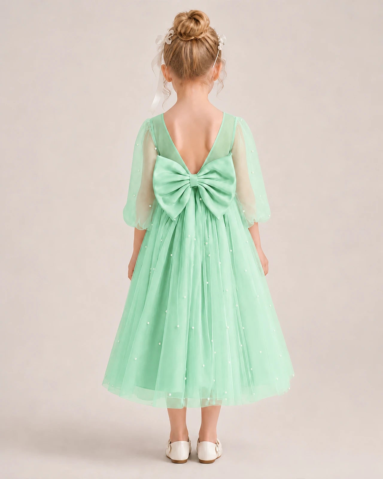 Dideyttawl Puff Sleeve Pearl Satin Tulle Flower Girl Dress