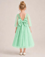 Mint Green Satin Tulle V-Back Bow Flower Girl Dresses Back View