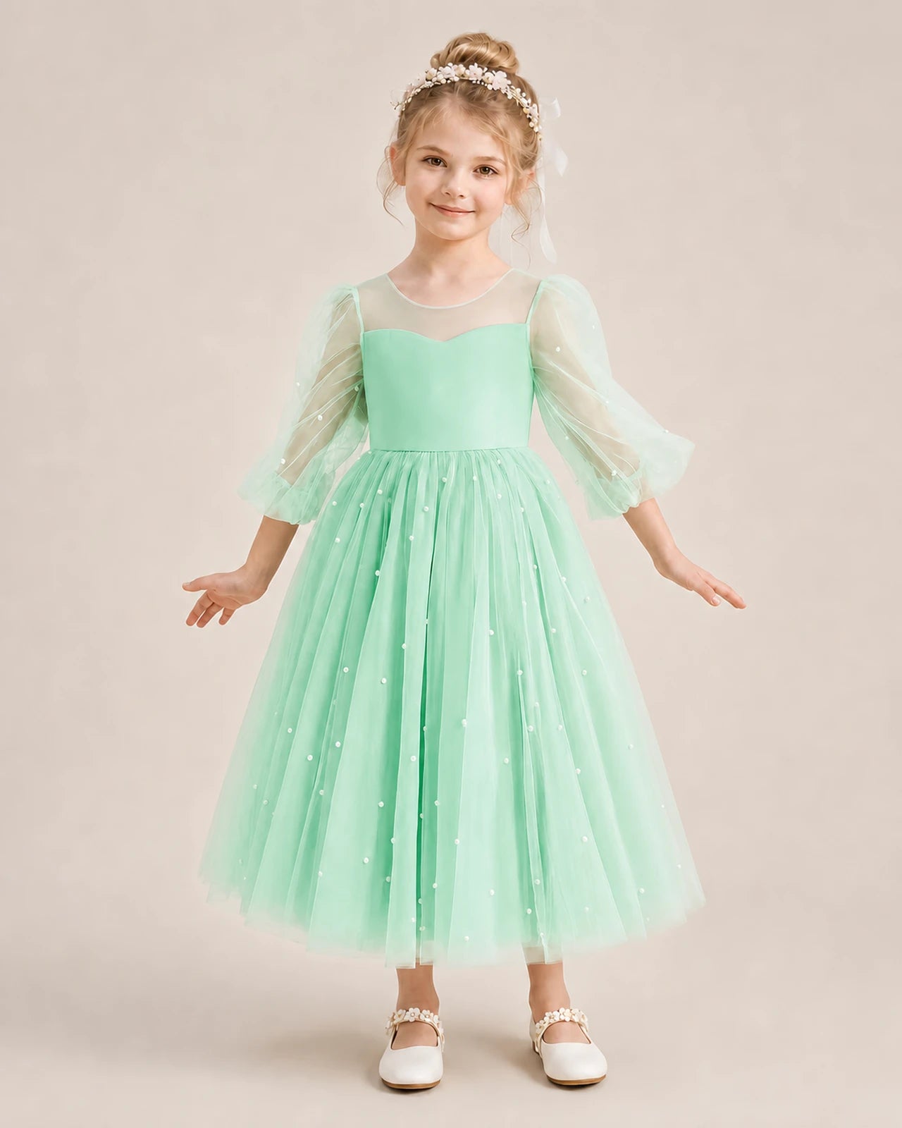 Dideyttawl Puff Sleeve Pearl Satin Tulle Flower Girl Dress
