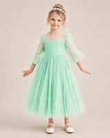 Mint Green Satin and Tulle Puffed Sleeve A-Line Flower Girl Dresses Front View