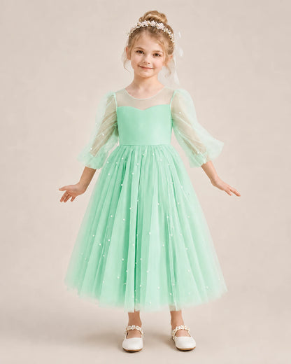 Dideyttawl Puff Sleeve Pearl Satin Tulle Flower Girl Dress