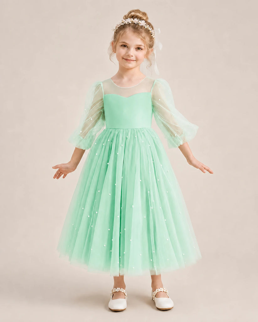 Mint Green Satin and Tulle Puffed Sleeve A-Line Flower Girl Dresses Front View