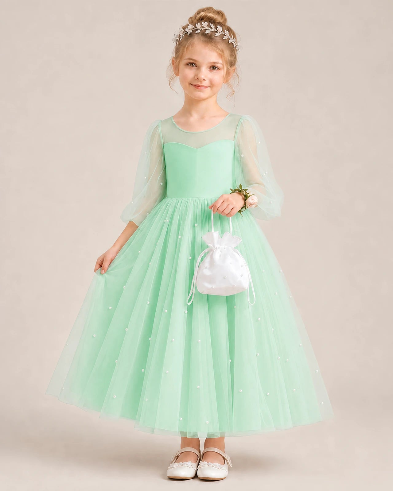 Dideyttawl Puff Sleeve Pearl Satin Tulle Flower Girl Dress