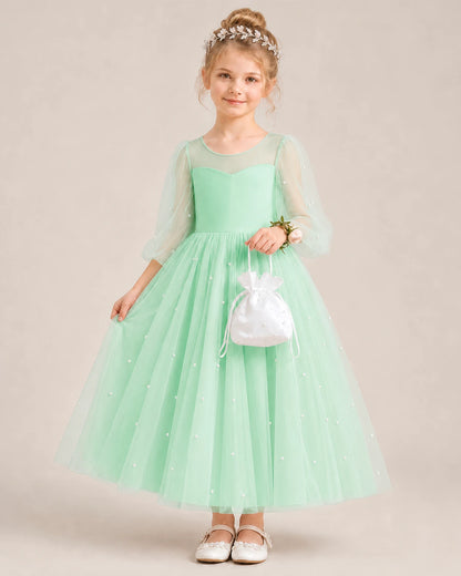 Dideyttawl Puff Sleeve Pearl Satin Tulle Flower Girl Dress