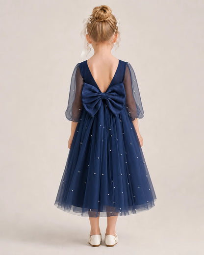 Dideyttawl Puff Sleeve Pearl Satin Tulle Flower Girl Dress