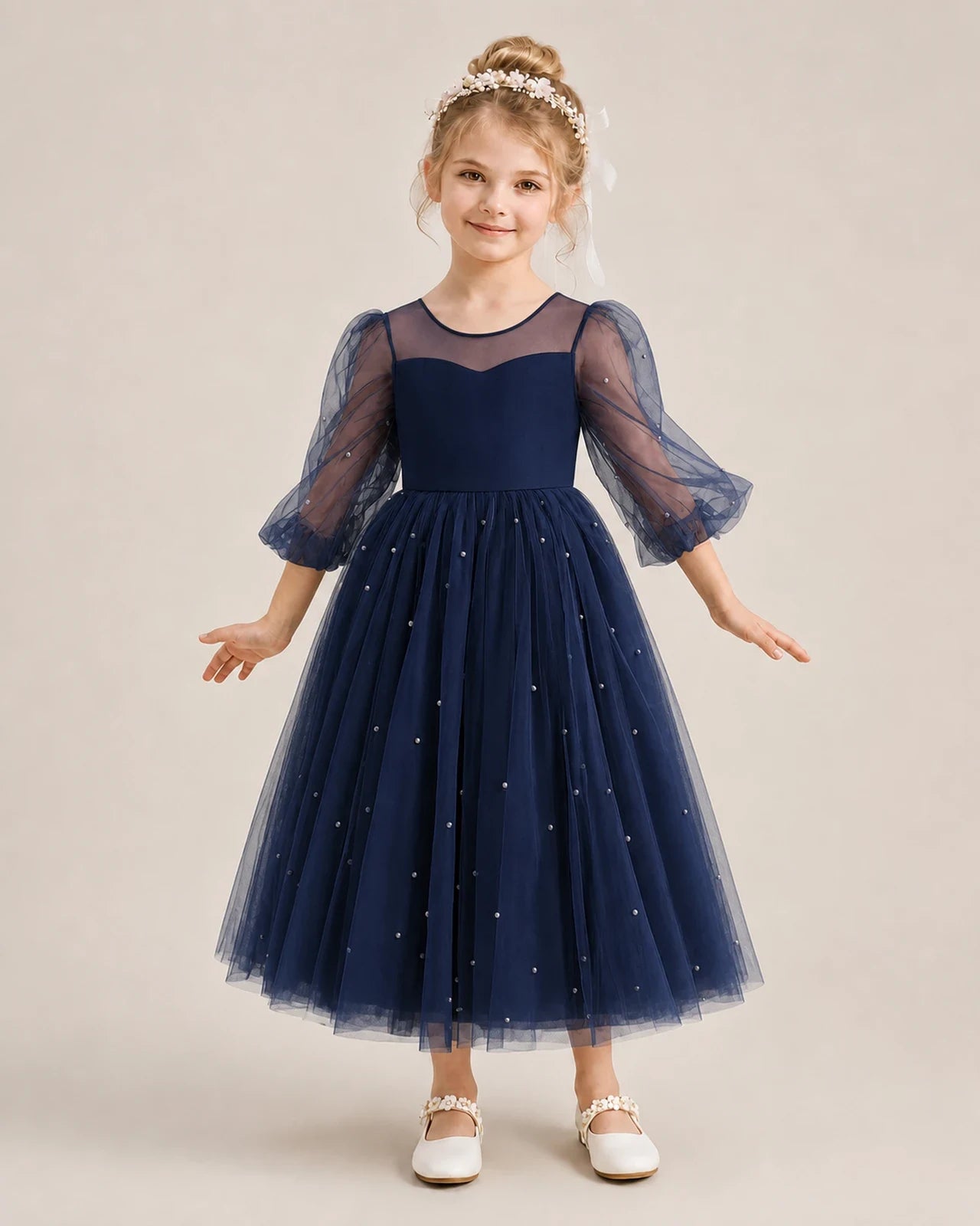 Dideyttawl Puff Sleeve Pearl Satin Tulle Flower Girl Dress