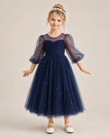 Navy Blue Satin and Tulle A-Line Flower Girl Dresses Front View