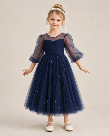 Dideyttawl Puff Sleeve Pearl Satin Tulle Flower Girl Dress