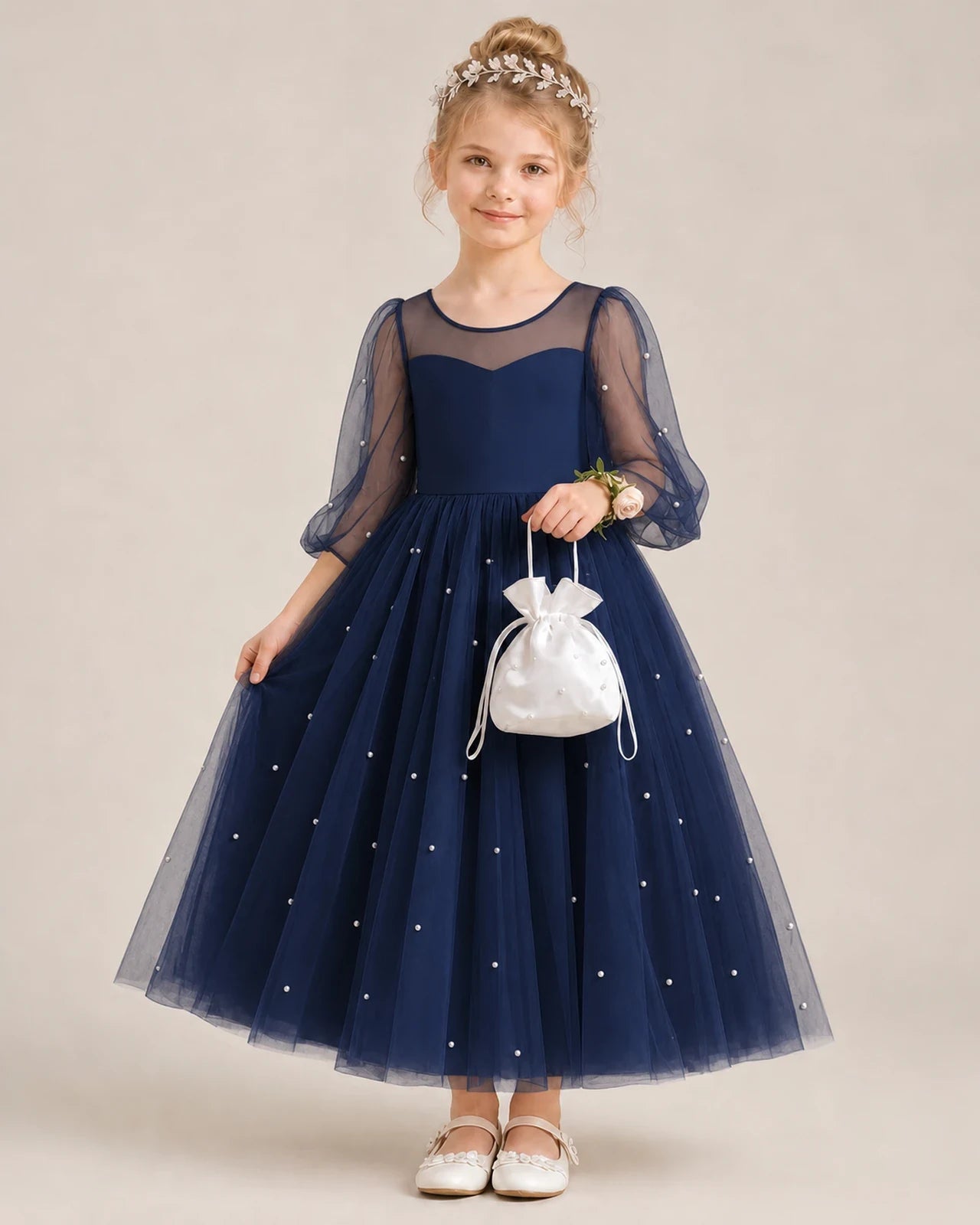 Dideyttawl Puff Sleeve Pearl Satin Tulle Flower Girl Dress