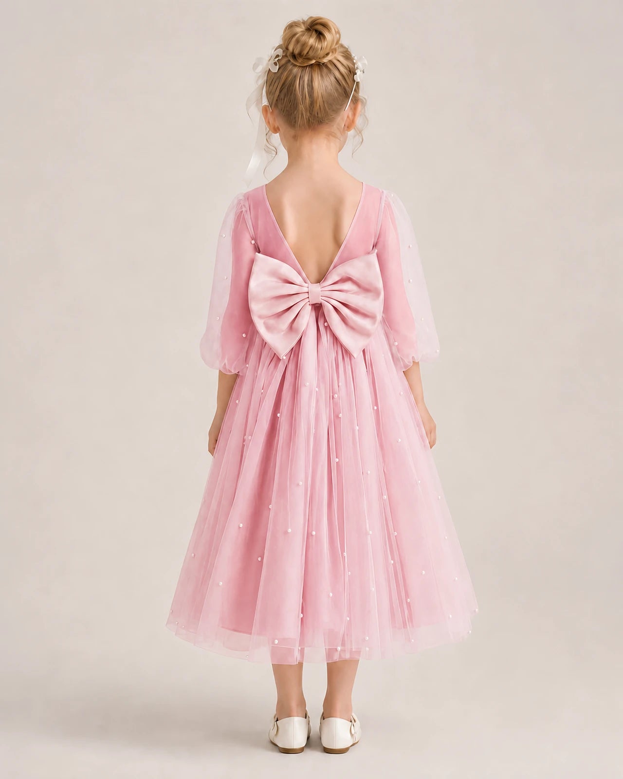 Dideyttawl Puff Sleeve Pearl Satin Tulle Flower Girl Dress